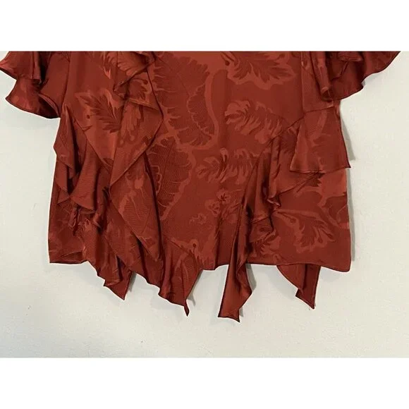 Cinq A Sept Silk Top Blouse Ruffle Asymmetric Size Medium Rust Orange Jacquard - Picture 5 of 15